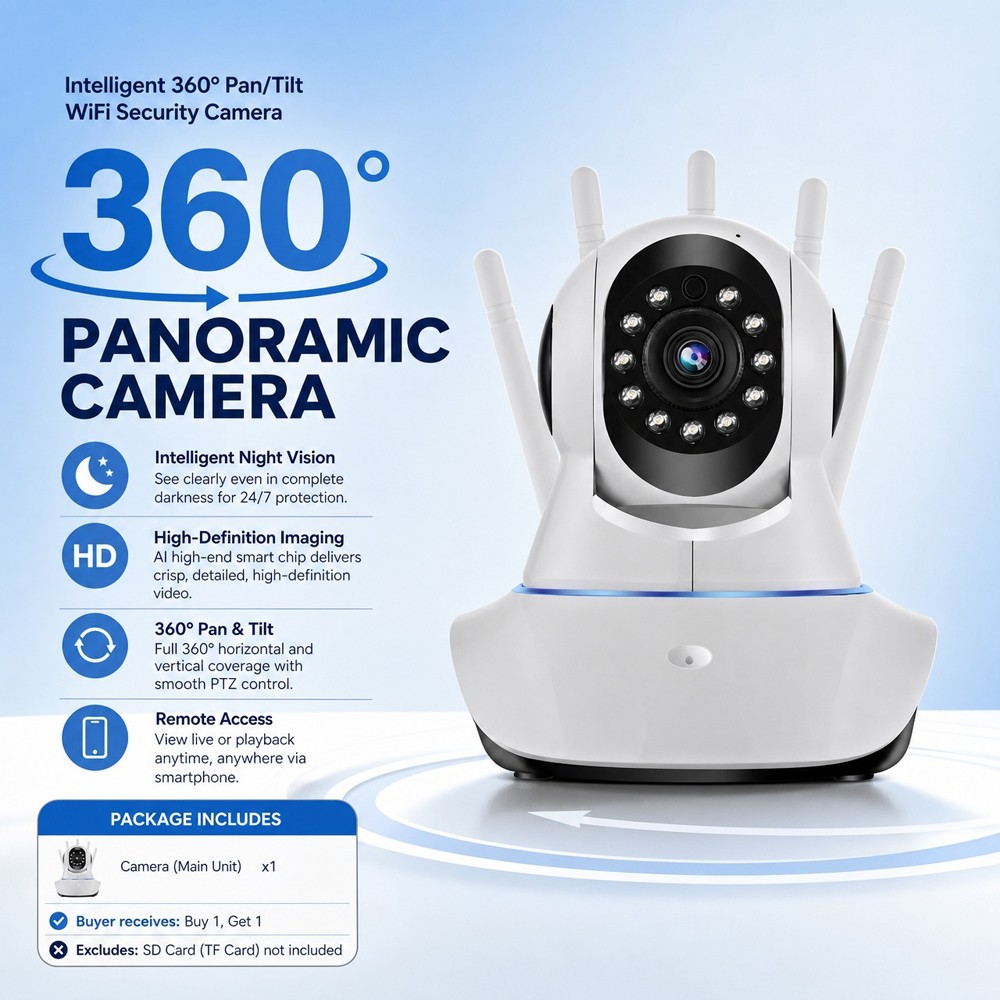 Smart PTZ WiFi Security Camera 360° Panoramic View for Home Office Two-Way Audio