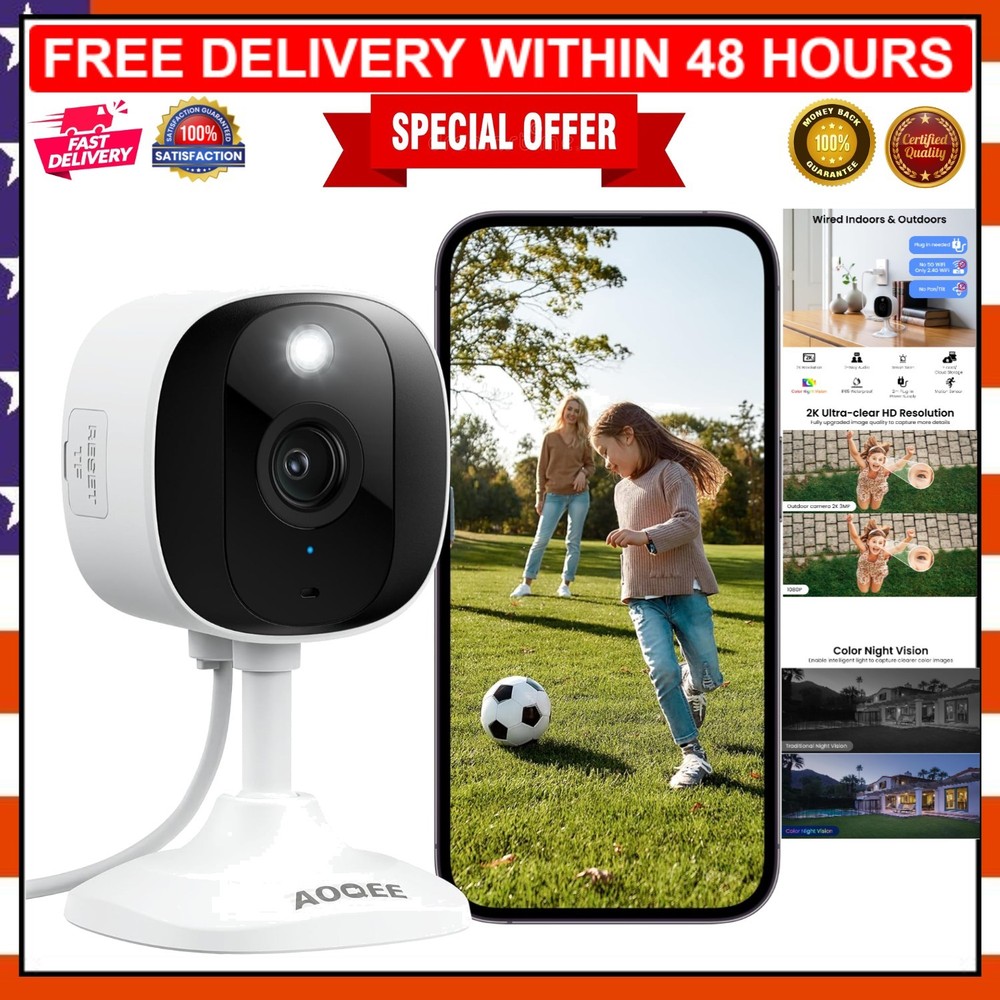 Smart 2K Home Security Camera: Color Night Vision, Motion Alerts, 24/7 Recording