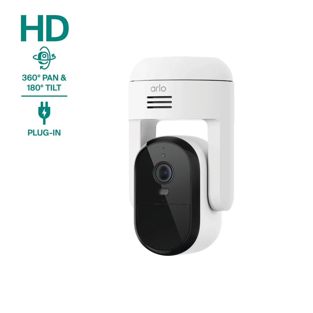 Arlo Essential 2K Pan Tilt Camera White Wired Plug-In Outdoor WiFi + 6Mo Plan