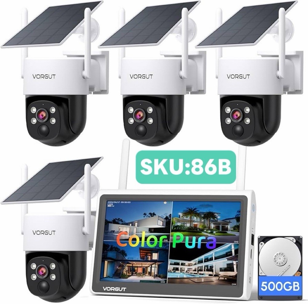 (86B)Solar Cameras Wireless Outdoor with 10» Monitor, 4pcs 2K 3MP Solar Powere