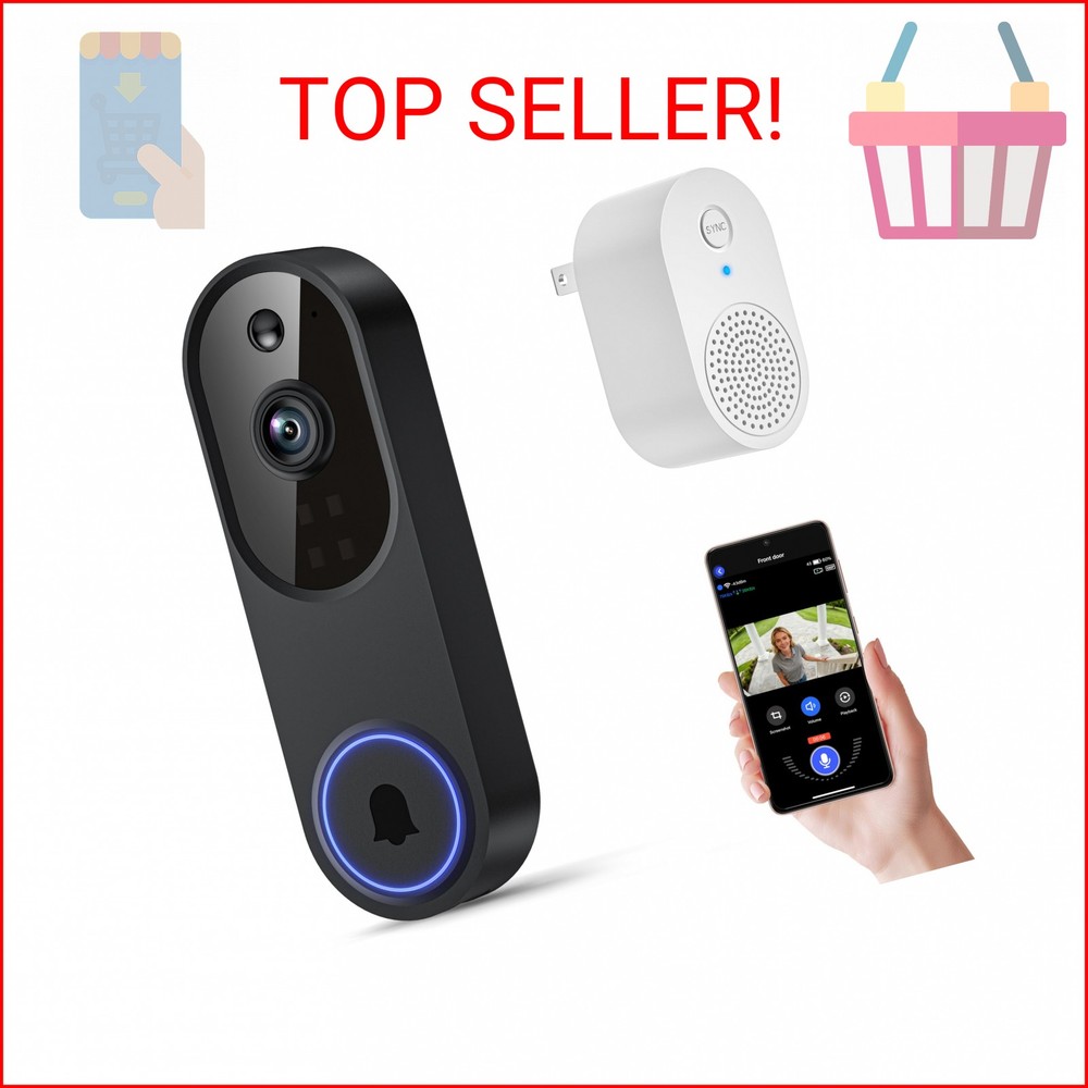 Orbitell 1080p Wireless Wi-Fi Video Doorbell Camera with Two Way Audio, Night Vi