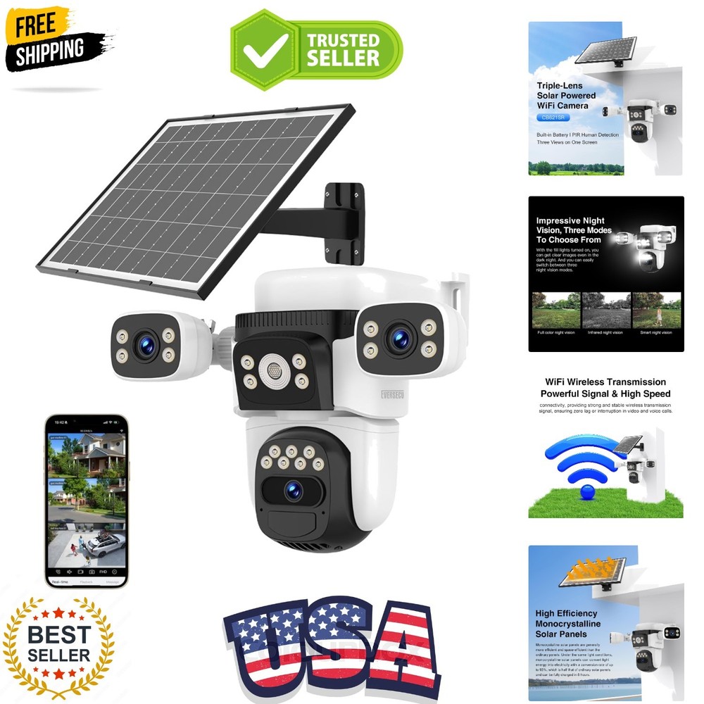 Solar Wireless Triple Lens WiFi PTZ Security Camera, Three Cameras in One, Si…