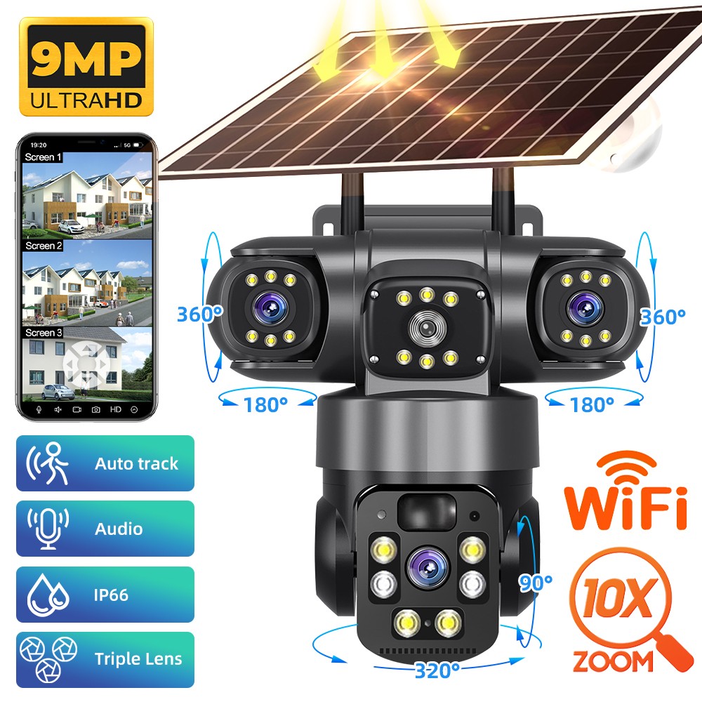 4K Solar Security Camera Wireless Outdoor 3-Lens 360° PTZ WiFi Night Vision Cam