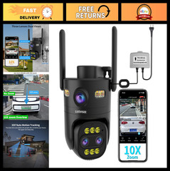 Triple-Lens Outdoor Security Camera, 10X Zoom, WiFi, 24/7 Recording, Motion Trac