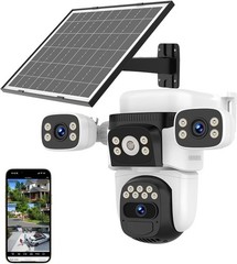 Solar Wireless Triple Lens WiFi PTZ Security Camera, Three Cameras in One, Si…