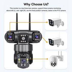 3 Lens 12MP Solar Battery Home Security Camera Outdoor Wifi Wireless PTZ CCTV US