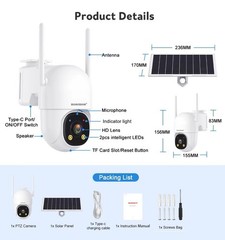 Qty 1x 8W Solar Security Camera, 2K Wireless Outdoor 24/7 Recording AOV Camera